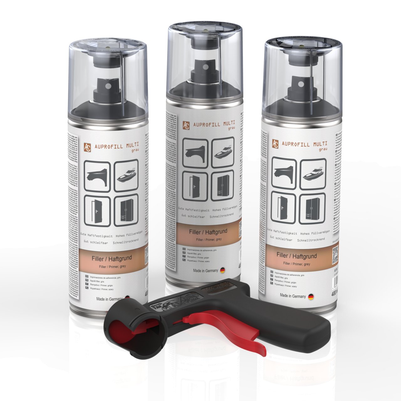 3 Dosen AUPROFILL MULTI Filler Haftgrund grau 400ml mit Pistolengriff