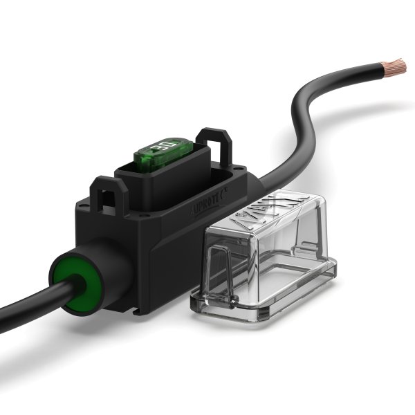 Spritzwassergeschützter Sicherungshalter für miniOTO Kfz-Sicherungen mit  1,5 mm² Kabel schwarz