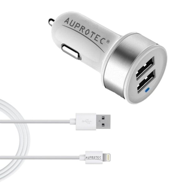 USB Adapter 3.1A Auto Ladegerät + iPhone Kabel 2in1 Set weiß