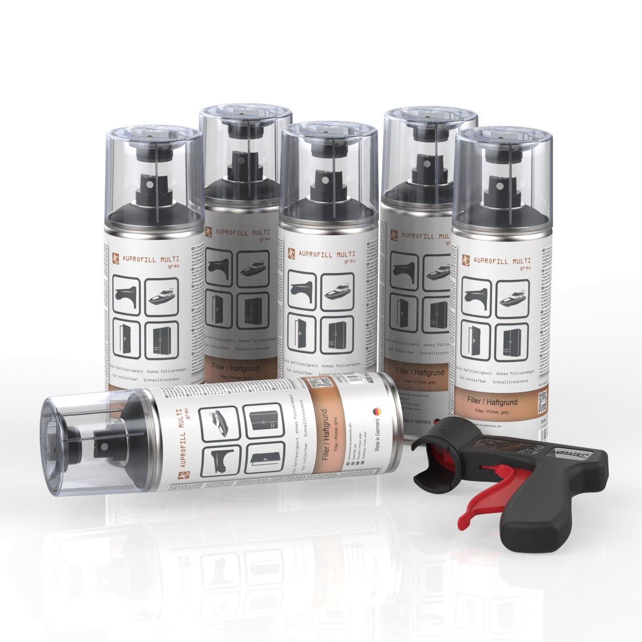 6 Dosen AUPROFILL MULTI Filler Haftgrund grau 400ml mit Pistolengriff