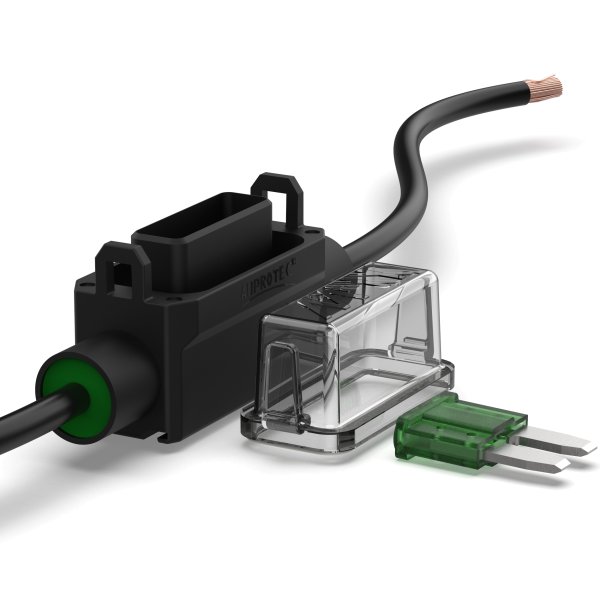 Spritzwassergeschützter Sicherungshalter für miniOTO Kfz-Sicherungen mit 1,5  mm² Kabel schwarz